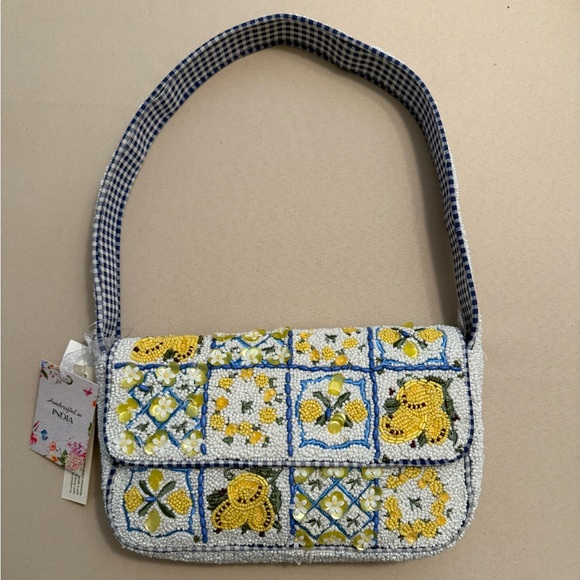 Handcrafted in India Handbags - Handcrafted in India Beaded Bag Lemon Tiles with Gingham Interior